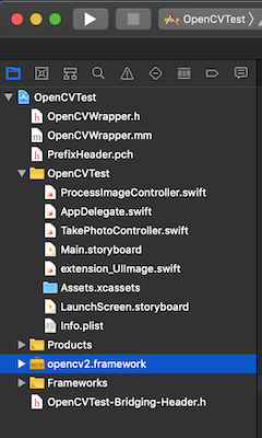OpenCV framework file in the Xcode file tree